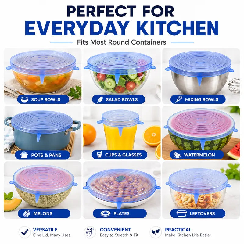 🥗 Reusable Silicone Stretch Lids for Food Storage – 6 Pack Food Grade Covers ✨