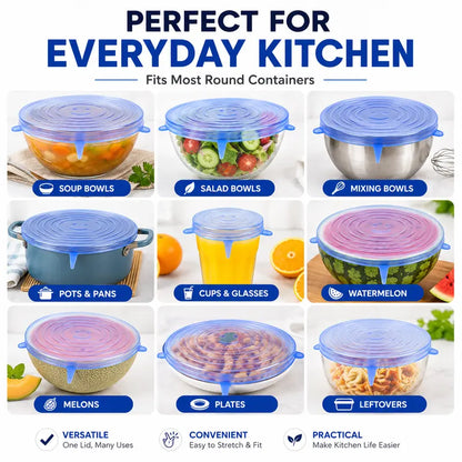 🥗 Reusable Silicone Stretch Lids for Food Storage – 6 Pack Food Grade Covers ✨