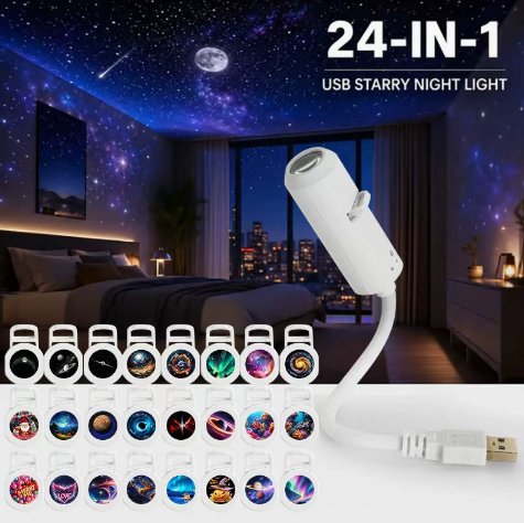 ✨ USB Galaxy Starry Night Light Projector – 360° Flexible Neck & Interchangeable Film Slides