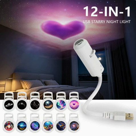 ✨ USB Galaxy Starry Night Light Projector – 360° Flexible Neck & Interchangeable Film Slides