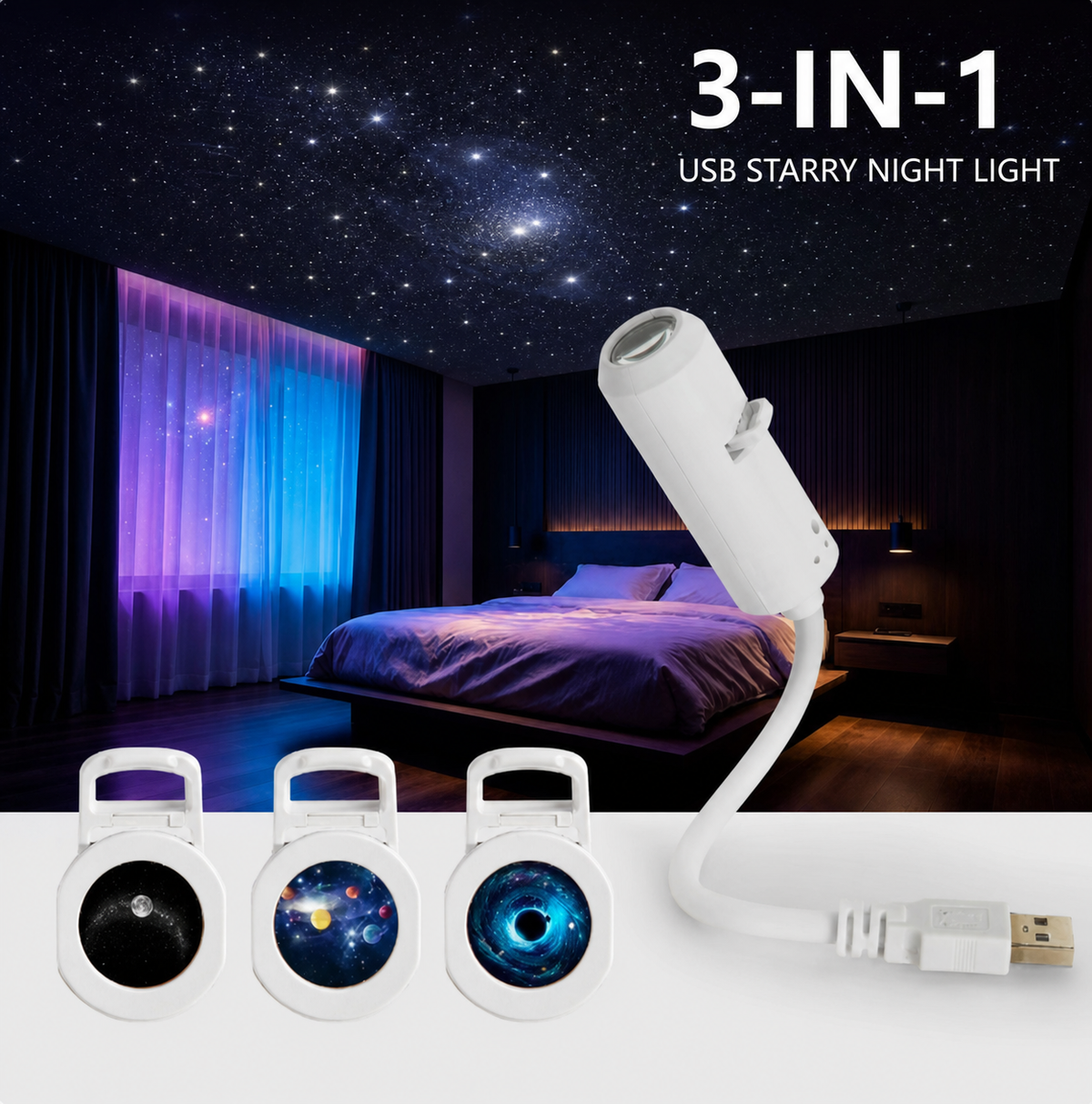 ✨ USB Galaxy Starry Night Light Projector – 360° Flexible Neck & Interchangeable Film Slides