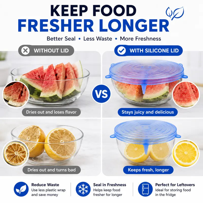 🥗 Reusable Silicone Stretch Lids for Food Storage – 6 Pack Food Grade Covers ✨