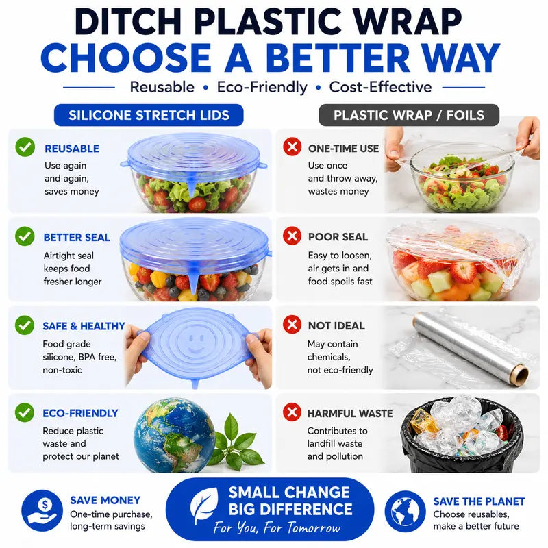 🥗 Reusable Silicone Stretch Lids for Food Storage – 6 Pack Food Grade Covers ✨