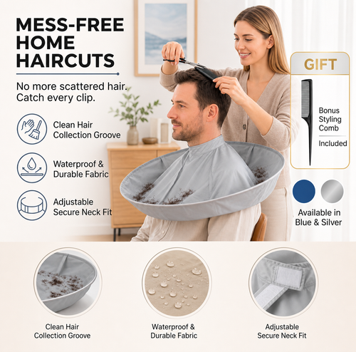 🎁 Free Comb Included! Hair Cutting Cape with Catcher – No More Messy Floors