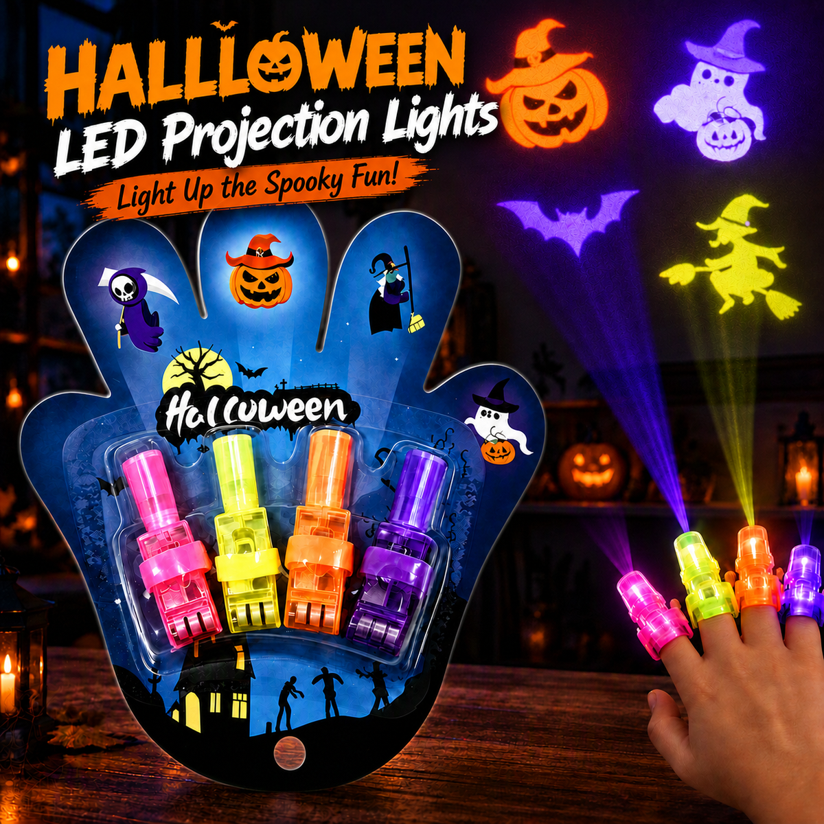 🎃🔦 LED Projection Finger Lights – Screen-Free Halloween Fun | Warm LED, No Blue Light