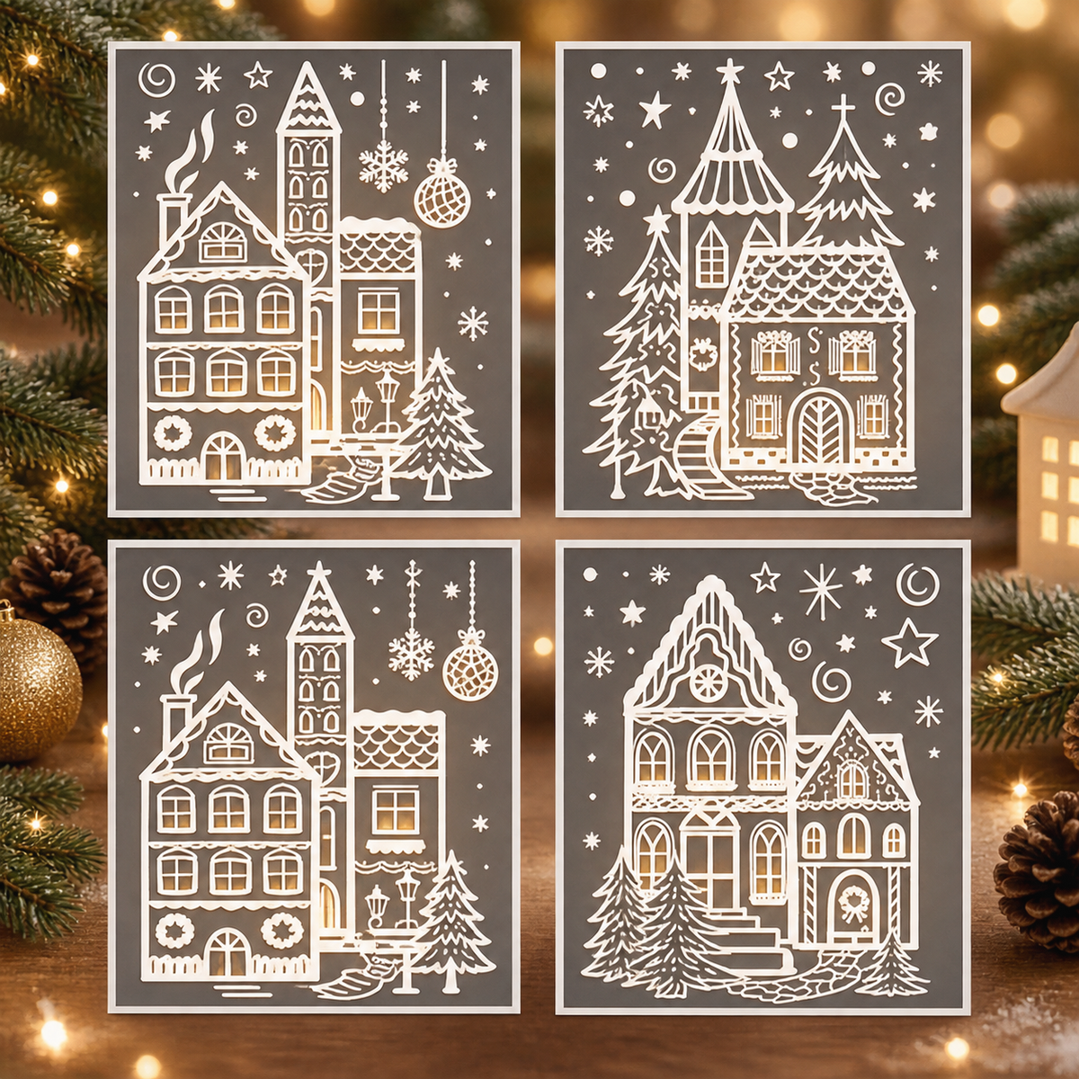 🎄 Christmas Village Window Sticker Set - Static Cling Holiday Decals (4 Sheets)