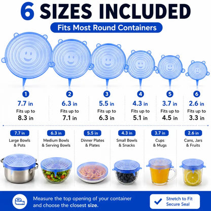 🥗 Reusable Silicone Stretch Lids for Food Storage – 6 Pack Food Grade Covers ✨