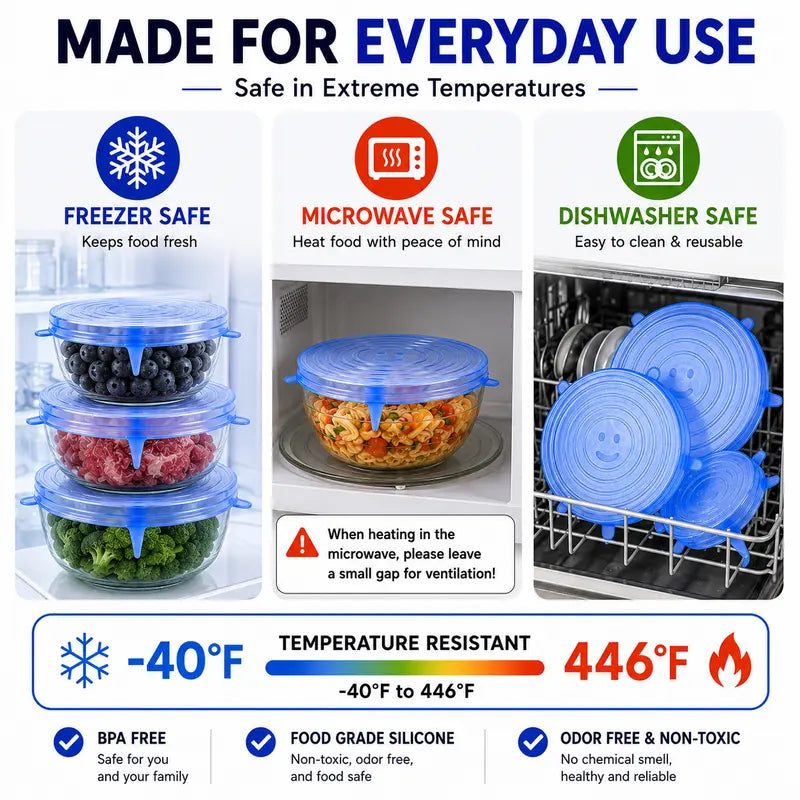 🥗 Reusable Silicone Stretch Lids for Food Storage – 6 Pack Food Grade Covers ✨