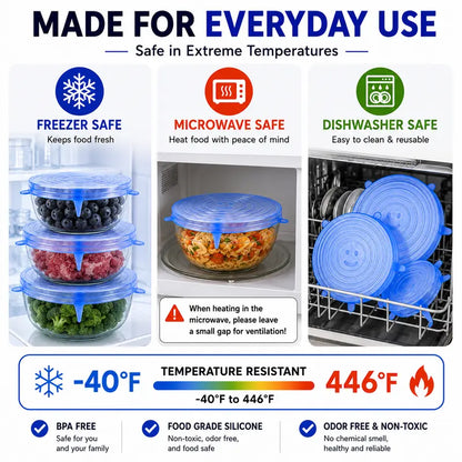 🥗 Reusable Silicone Stretch Lids for Food Storage – 6 Pack Food Grade Covers ✨