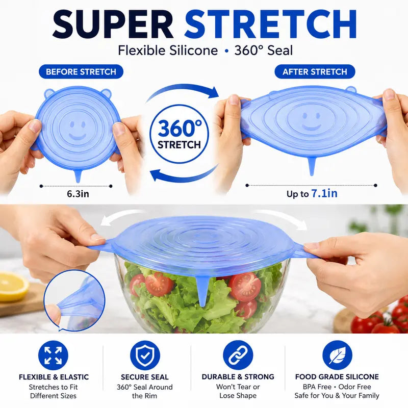 🥗 Reusable Silicone Stretch Lids for Food Storage – 6 Pack Food Grade Covers ✨