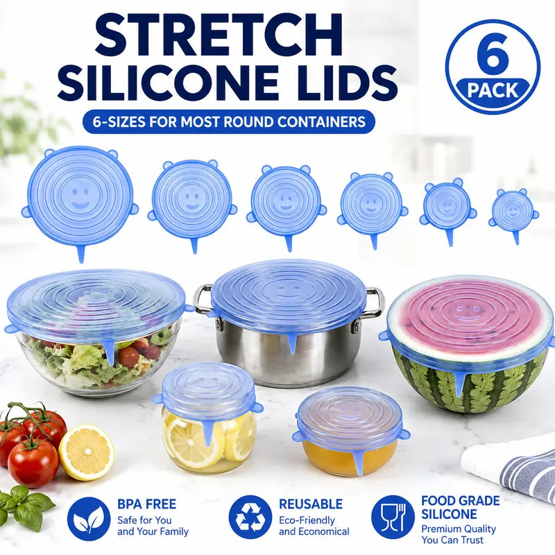 🥗 Reusable Silicone Stretch Lids for Food Storage – 6 Pack Food Grade Covers ✨