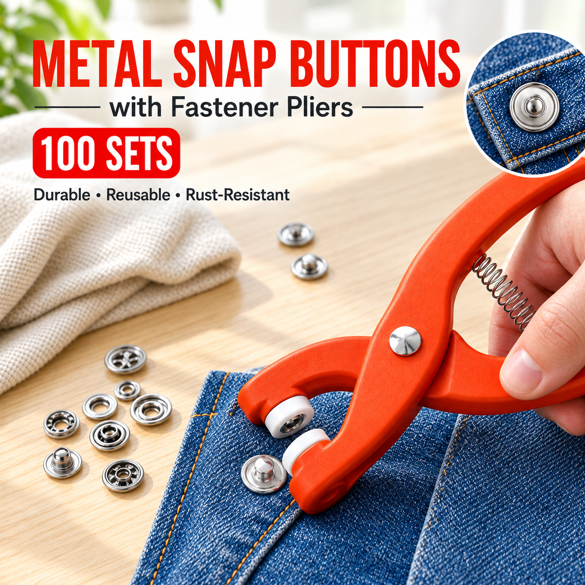 🧵 No-Sew Metal Snap Button Kit with Fastener Pliers – 100 Sets, Rust-Resistant & Easy DIY