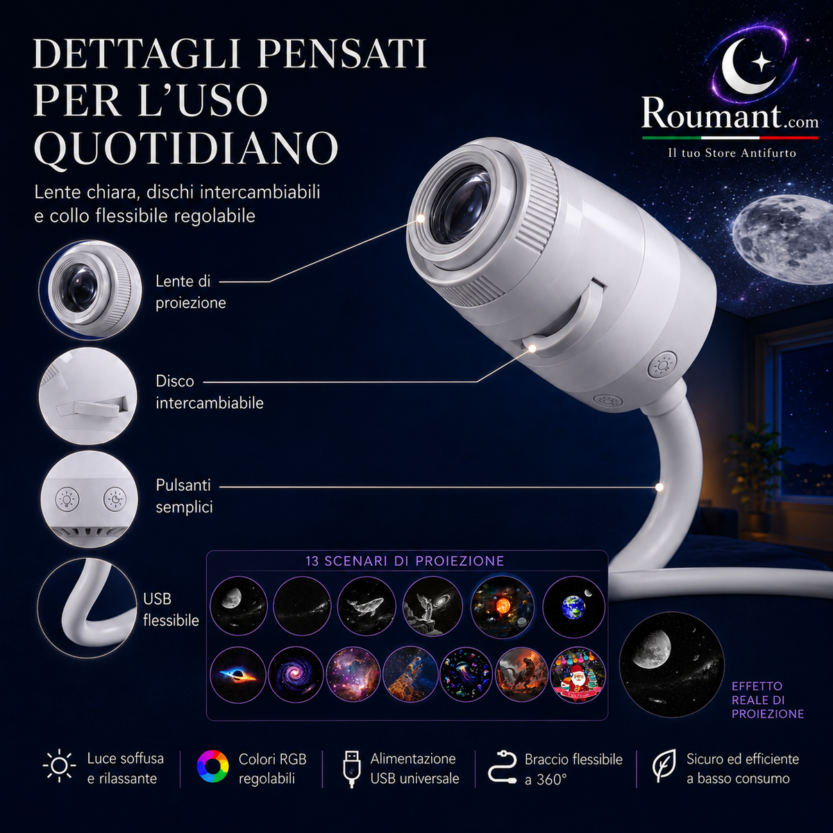 ✨ USB Galaxy Starry Night Light Projector – 360° Flexible Neck & Interchangeable Film Slides