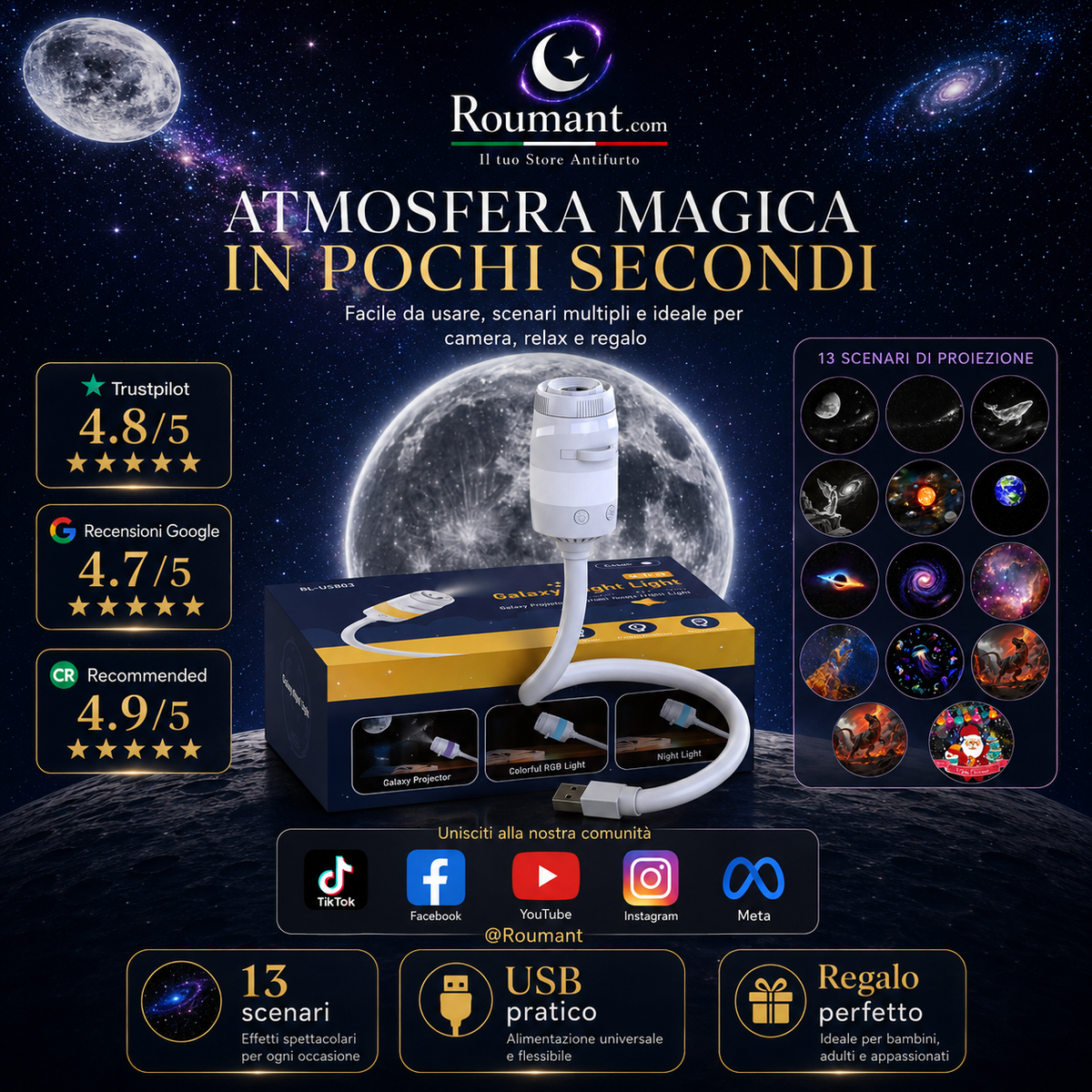 ✨ USB Galaxy Starry Night Light Projector – 360° Flexible Neck & Interchangeable Film Slides