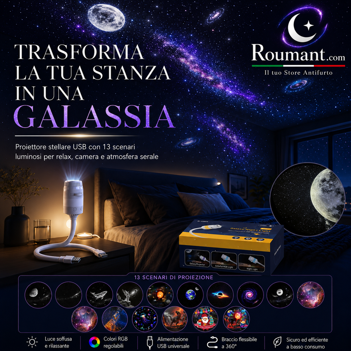 ✨ USB Galaxy Starry Night Light Projector – 360° Flexible Neck & Interchangeable Film Slides