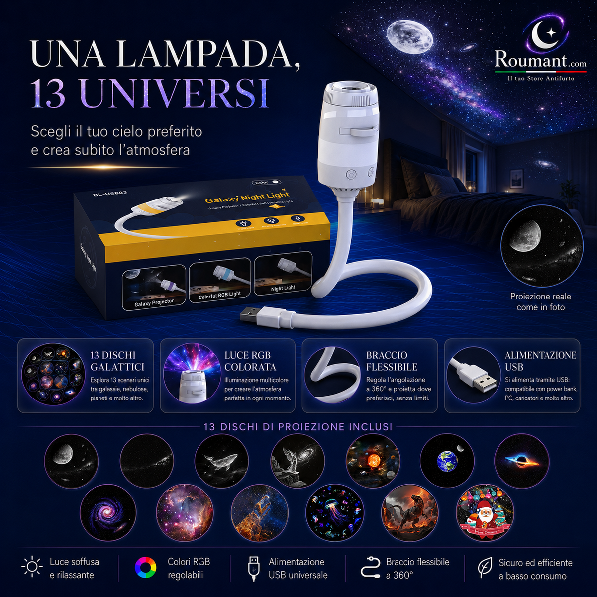 ✨ USB Galaxy Starry Night Light Projector – 360° Flexible Neck & Interchangeable Film Slides