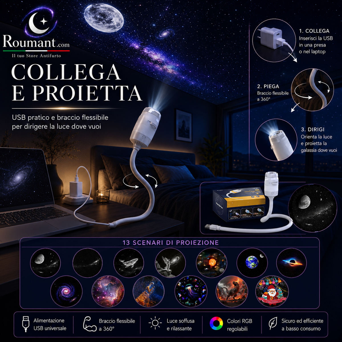✨ USB Galaxy Starry Night Light Projector – 360° Flexible Neck & Interchangeable Film Slides
