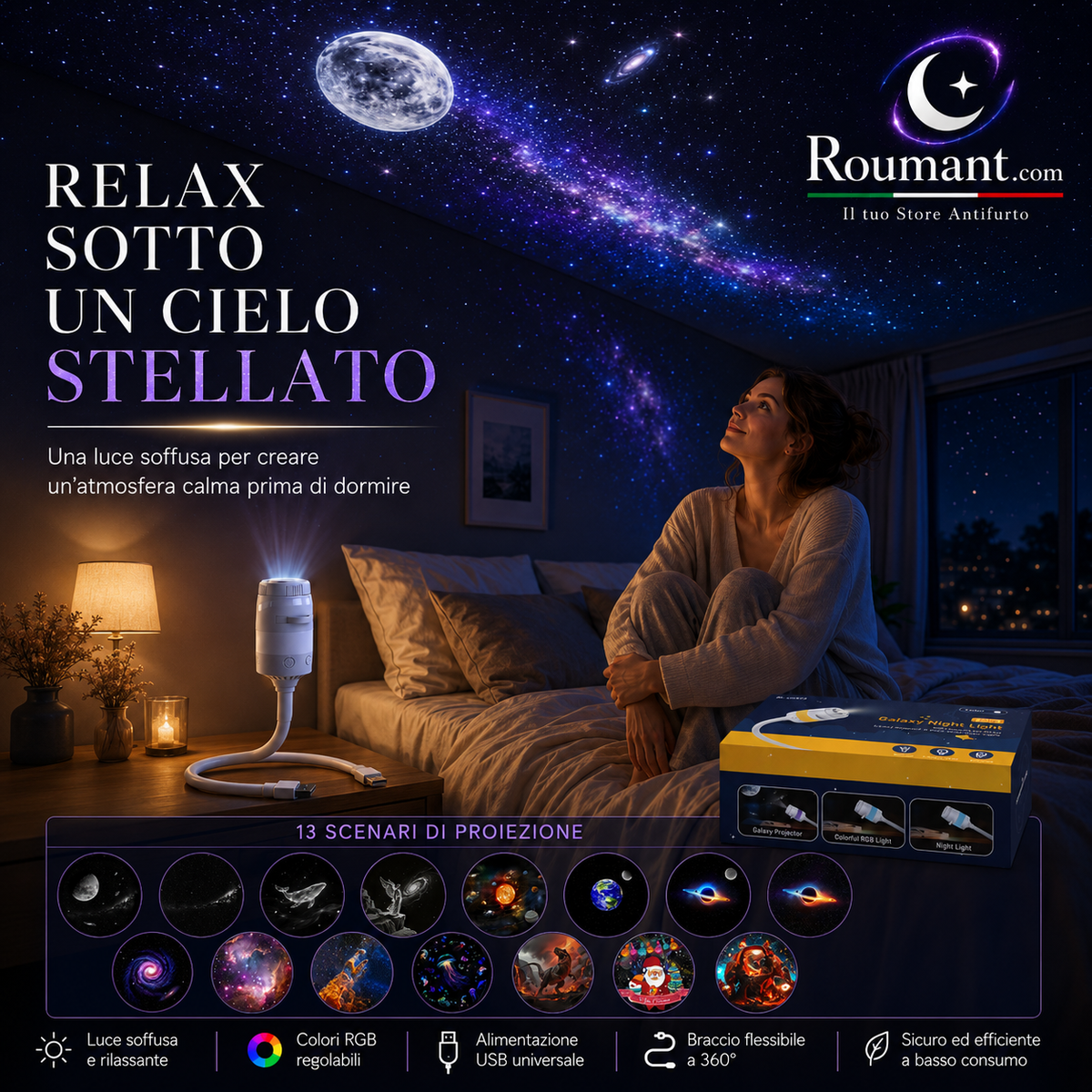 ✨ USB Galaxy Starry Night Light Projector – 360° Flexible Neck & Interchangeable Film Slides