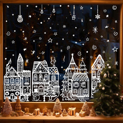 🎄 Christmas Village Window Sticker Set - Static Cling Holiday Decals (4 Sheets)