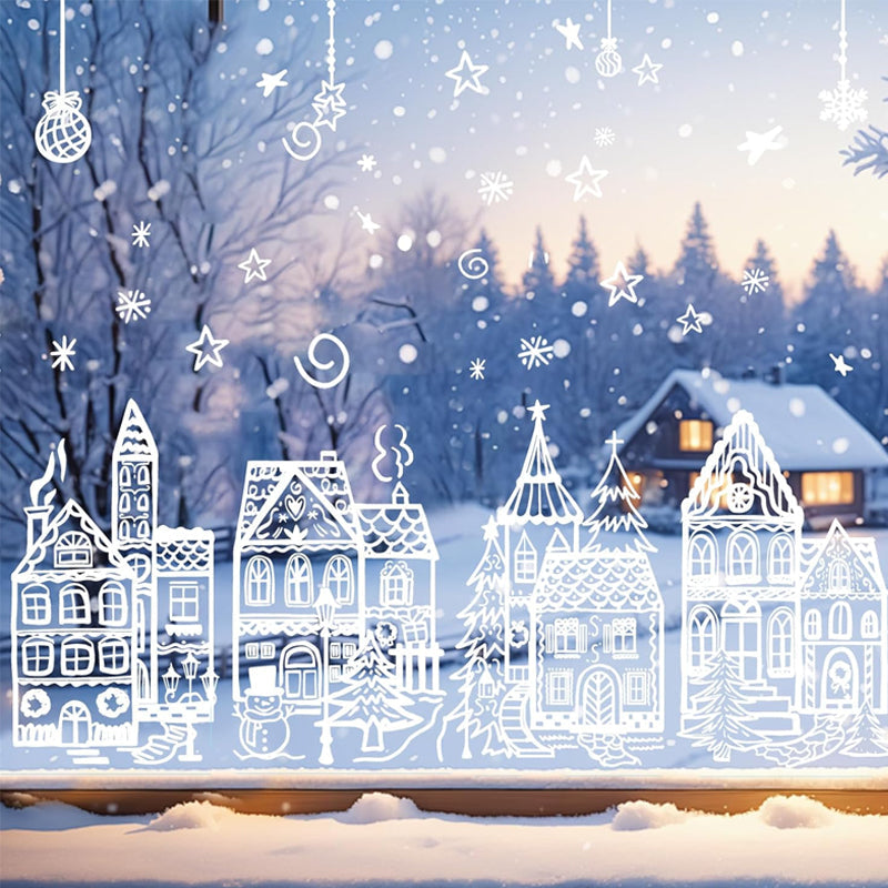 🎄 Christmas Village Window Sticker Set - Static Cling Holiday Decals (4 Sheets)