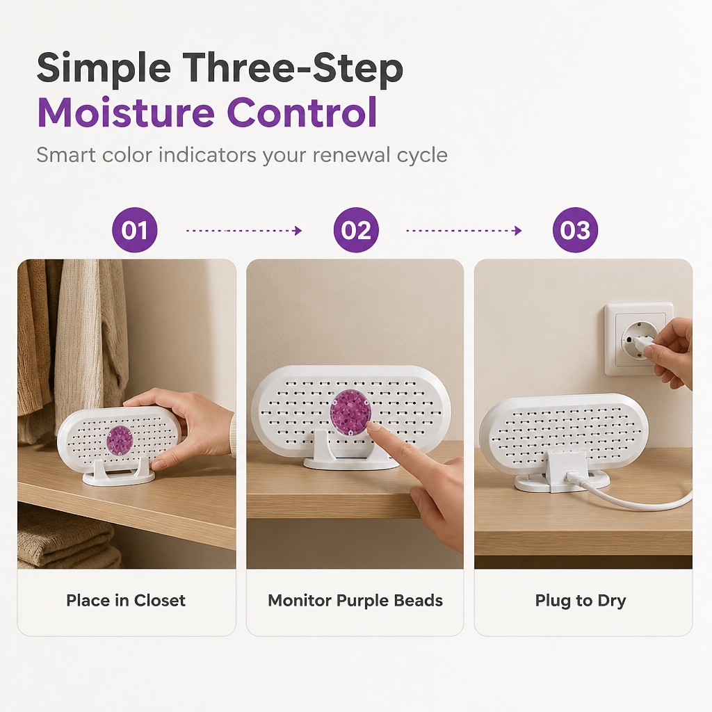 ⏳Last Day Buy 2 Get 1 Free💦Reusable Mini Household Dehumidifier with Purple Silica Bead Indicator for Wardrobe, Closet & Shoe Cabinet